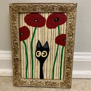 Cat in Poppies in a Vintage Frame